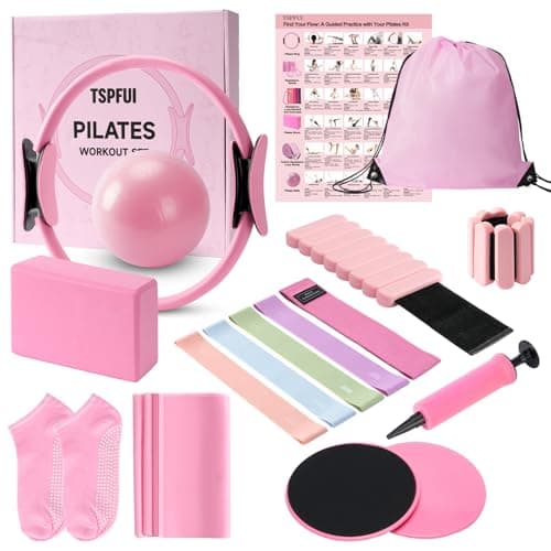 TSPFUI Pilates Kit, Home Pilates Workout Kit for Women, Pilates Equipment with Pilates Ring and Ball, Yoga Block & 5 Resistance Bands, Ankle Weights, Sliders & Grip Socks, Workout Guide Included