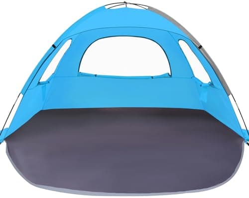 WhiteFang Beach Tent Anti-UV Portable Sun Shade Shelter for 4 Person, Extendable Floor with 3 Ventilating Mesh Windows Plus Carrying Bag, Stakes and Guy Lines (Blue)