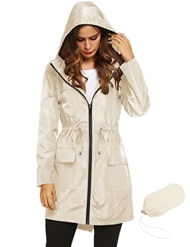 LOMON Women's Beige Lightweight Hooded Raincoat Active Waterproof Outdoor Hiking Jacket Waist Drawstring