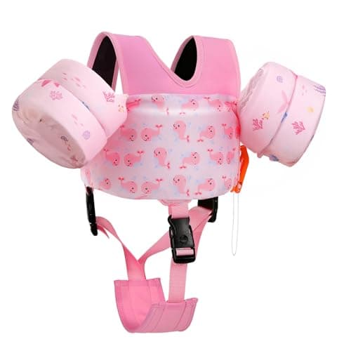MoKo Swim Arm Floaties 15-30 lbs, Toddler Swim Vest for Kids Cartoon Swimming Water Wings with Crotch Strap, Pool Float Vests Sleeves Shoulder Straps Arm Band for Children, Baby Pink Whale