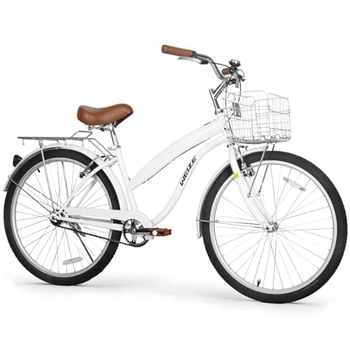 WEIZE Beach Cruiser Bike, 26 inch Commuter Bicycle for Adult Men and Women,High-Carbon Steel/Front & Rear Fenders, Comfortable City Bikes with Rear Rack&Basket, Ergonomic Upright Design,White
