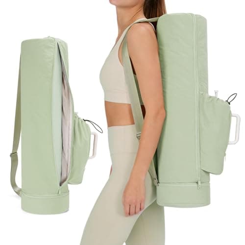 sportsnew Puffy Yoga Mat Bag Yoga Gym Bags for Women Men, Full-Zip Pilates Bag with Wet Pocket & Side Zip Drawstring Pocket Fits Tumblers with Handle, Yoga Mat Storage for Quick Access, Bean Green