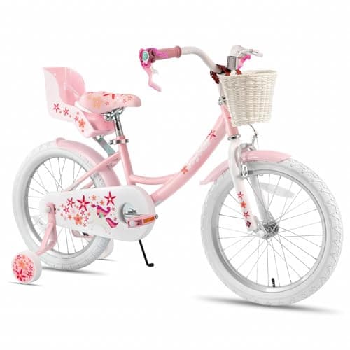 JOYSTAR Unicorn 18 Inch Girls Bike for Ages 5-8 Years Old Kids Bike with Doll Bike Seat 18 in Princess Bicycle with Training Wheels Basket Streamer Children Bicycle Pink