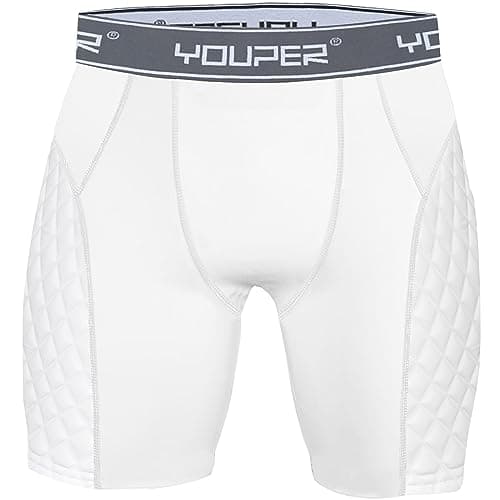 Youper Youth Elite Compression Padded Sliding Shorts w/Cup Pocket for Baseball, Football (White/Grey, Large)