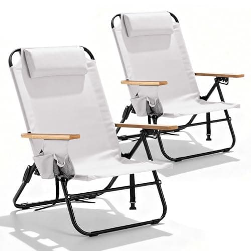 Canpsky 2 Pack Premium 5-Position Reclining Camping Chair - Portable Folding Lightweight Outdoor Chair with Wooden Armrests, Headrest & Pockets, 350lbs Heavy Duty for Beach, Patio, Cream White