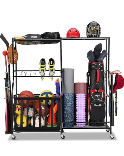 EXTCCT Garage Sports Equipment Organizer with Wheels - Golf Bag Storage Rack and Ball Storage Bins, Heavy Duty Rolling Garage Organizer System with Basket and Hooks for Indoor (Black-Large)