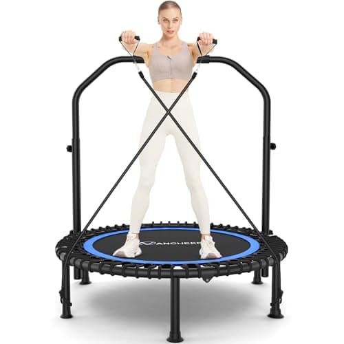 ANCHEER 40" Foldable Mini Trampoline - Max Load 350lbs - 450lbs Indoor Trampoline - with 4 Level Adjustable Foam Handle and Resistance Bands - Adult Exercise Trampoline for Home, Gym and Garden(Blue)