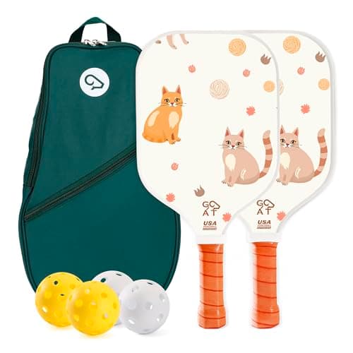 Goat Cute Pickleball Paddles Set of 2, Includes 4 Indoor & Outdoor Balls and Carry Bag, Lightweight Durable Fiberglass Pickleball Rackets Set for Men, Women & Beginners, Pickleball Gifts (CAT)