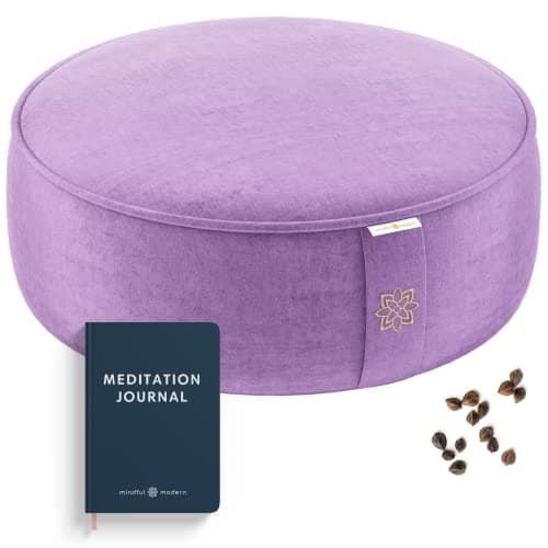 Mindful & Modern Velvet Meditation Cushion | Luxe Zafu Yoga Floor Pillow Seat | Posture Support | Buckwheat Hull Filled | Large Round Cushion | Removable Washable Cover + Carry Handle | Color Violet