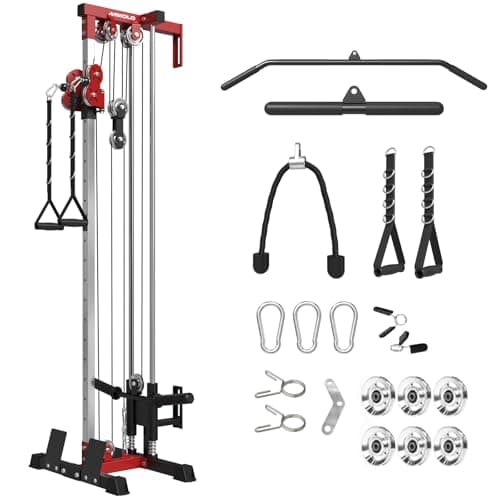 Mikolo Wall Mount Cable Station, Cable Crossover Machine with Dual Pulley System and 19 Adjustable Positions for Home Gym Fitness Equipment, Red, Aluminum Pulleys
