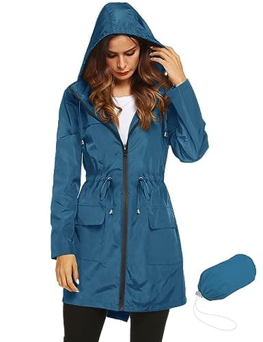 LOMON Women's Deep Blue Lightweight Hooded Raincoat Active Waterproof Outdoor Hiking Jacket Waist Drawstring