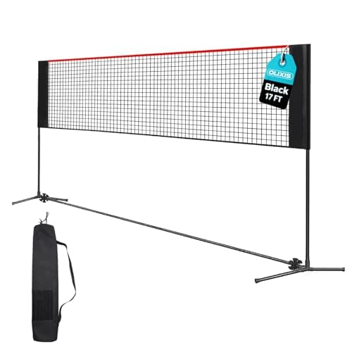 OLIXIS Portable Badminton Net, Height Adjustable Volleyball Net, Badminton Net with Carry Bag, Volleyball Net for Pool, BackyardGame Indoor Outdoor Use, 17FT Wide, Red