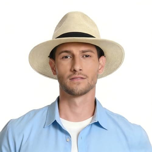 Panama Hat Sun Hats for Men Women Wide Brim Fedora Straw Beach Hat UV UPF 80+