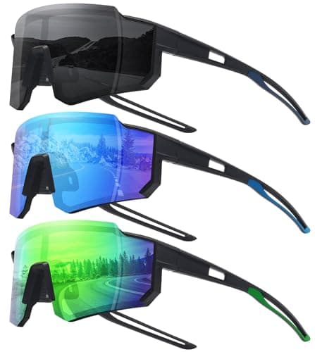 STORYCOAST Sports Running Sunglasses for Men Women Cycling Driving Fishing Bike Sunglasses Polarized UV400 Protection 3Pack Matte Black/Gray+ Black/Ice Blue+ Black/Green