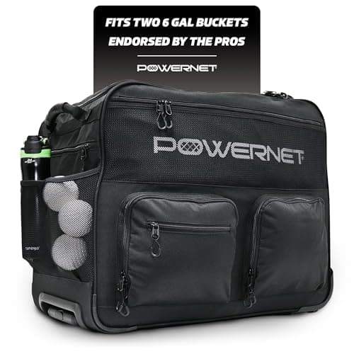 PowerNet Rolling Bucket Bag, Holds 2 6-Gallon Bucket of Baseballs & Softballs, Storage Pockets for Baseball Bat, Gloves & Scoreboards, Fits Launch F-lite Pitching Machine & Balls