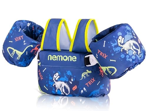 NEMONE Toddler Swim Vest for 22-70 lbs Kids Floaties Swim Jacket with Arm Water Wings for Girls Boys 2 3 4 5 6 8 Years Old Sea Beach Pool (Black Dinosaur)