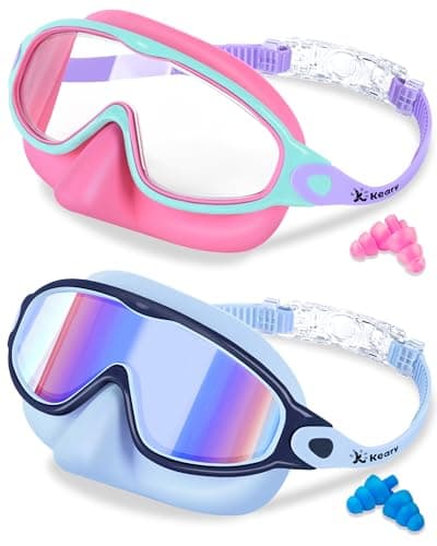 Keary 2 Pack Kids Swim Goggles with Nose Cover Swimming Goggles for Kids 4-7 6-14 8-12 Age 3-6 5-8 Toddler Boys Girl Youth Child Anti-UV Anti-Fog Pool Water Leakproof