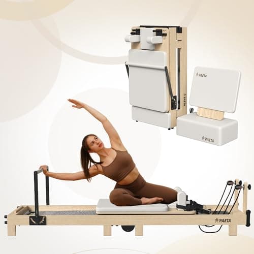 Pilates Reformer, PAETA 92" Wooden Foldable Pilates Reformer Machine with Springs, Pilates Machines for Home Use and Studio, Pilates Equipment with Sitting Box, Jump Board and Accessories(White)