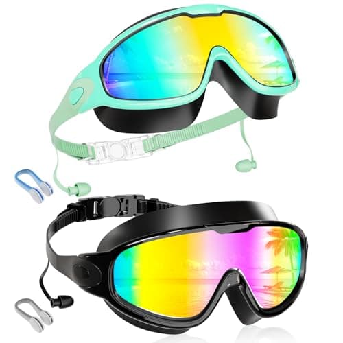 Aegend New Kids 2 Pack Wide View Swim Goggles, Anti-Fog/UV No Leak Goggles with Ear Plugs Kids 3-14