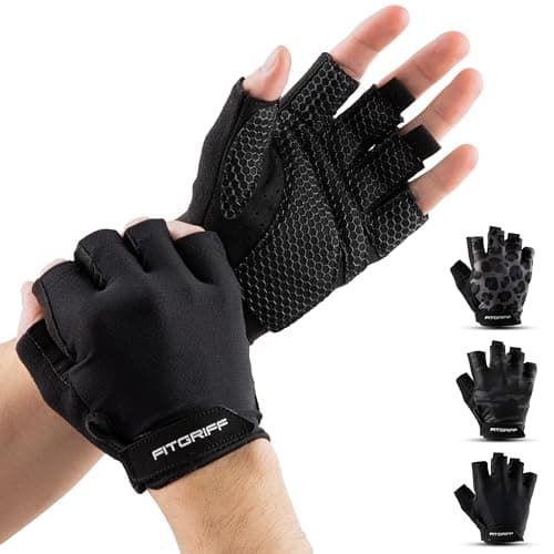Fitgriff® Workout Gloves (Padded) for Men & Women - Fingerless Gym Gloves for Weight Lifting, Training - Full Palm Protection (Black, Size 7)