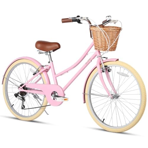 Glerc 24 Inch Beach Cruiser Bike, 6-Speed Hybrid City Bicycle for Girls Youth and Over 6 Years Old, Missy Bike with Wicker Basket & Lightweight, Pink