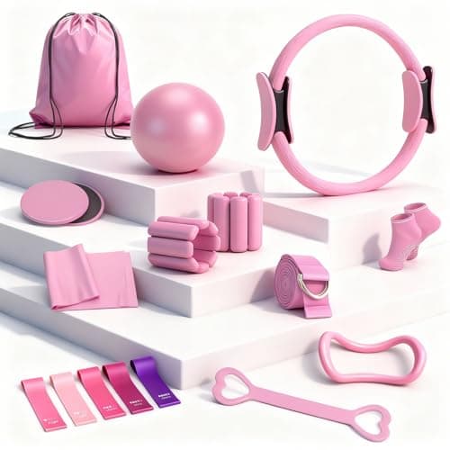 Pilates Equipment Kit for Home Workouts - 18pcs Set- 14'' Pilates Ring and Ball Set for Women, Pilates/Yoga Accessories Kit with Wrist Weights, Resistance Bands, Core Sliders, Yoga Strap, Socks, Bag