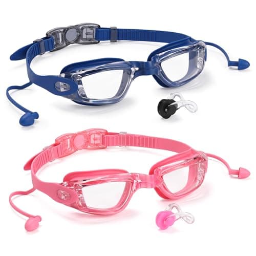 Aegend Swim Goggles 2-Pack, No Leaking Anti-Fog UV Protection Mirrored Swim Glasses for Adult Men Women, Wide View Outdoor (Navy Blue/Transparent + Rose Red/Transparent)