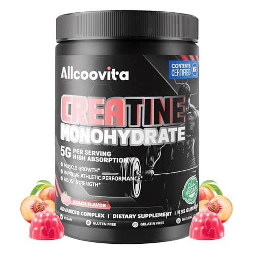 Allcoovita Creatine Monohydrate Gummies for Men & Women. Boost Focus,Strength, and Endurance, Anti-Melting Formula, Vegan, Gluten-Free, Non-GMO,(Peach 135 ct)