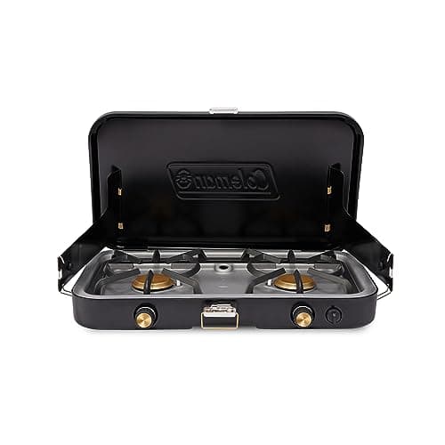 Coleman 1900 Collection 3-in-1 Propane Camping Stove, Cast Iron Grill & Griddle Accessories Included, 24,000 BTUs Across 2 Adjustable Burners with Wind Guards & Matchless Lighting