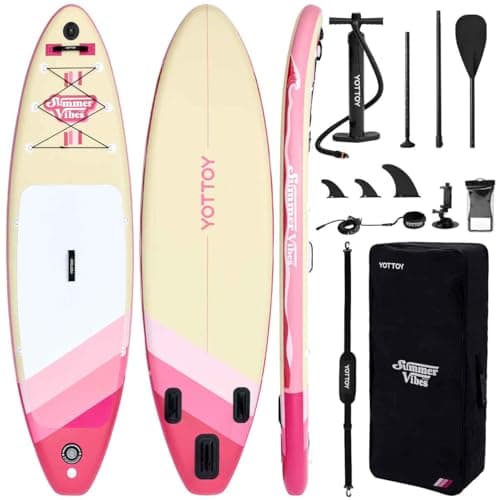 YOTTOY Inflatable Stand Up Paddle Board,Stable Lightweight 10' SUP with Non-Slip EVA Deck, Premium Paddleboard Accessories, Three-Fin System & Carry Bag,All-Around Inflatable SUP (Rose Red)