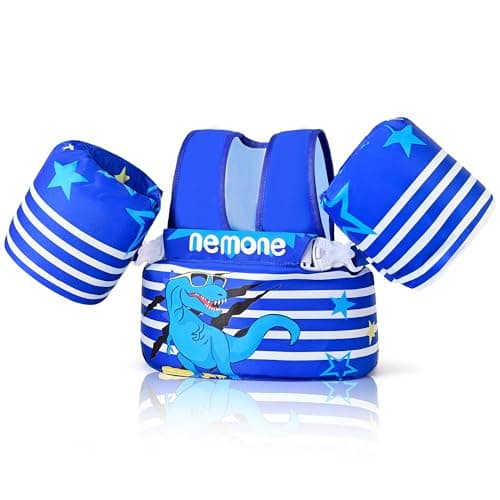 NEMONE Toddler Swim Vest for 22-70 lbs Kids Floaties Swim Jacket with Arm Water Wings for Girls Boys 2 3 4 5 6 7 Years Old Sea Beach Pool (Blue Dinosaur)