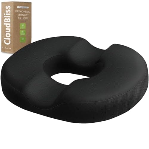 CloudBliss Donut Pillow Stadium Seat Cushion for Tailbone Pain Relief and Hemorrhoids, Memory Foam Seat Chair Cushion, Portable Seat Cushions for Bleachers, Car, Home & Office, Black-XXL