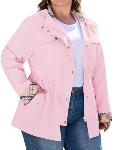 Bloggerlove Plus Size Lightweight Rain Jacket Women Waterproof Raincoat with Hooded Outdoor Hiking Windbreaker Pink XL