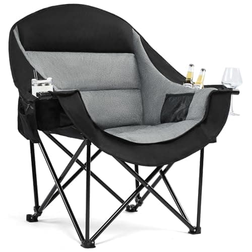 Oversized Camping Chairs for Adults - Heavy Duty Padded Outdoor Folding Lawn XL Camp Chair with Cup Holder Cooler Pockets for Outside Sports Beach Fishing Garden Portable Supports 500lbs, Black