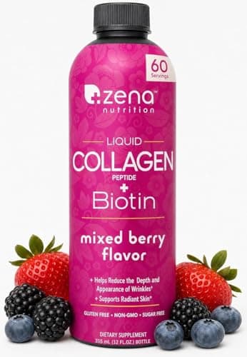 Zena Nutrition Liquid Collagen for Women, with Biotin, Hair, Skin & Nail Supplement [ 60 Servings ] 2500mg Verisol Bioactive Collagen Peptides, 5000mcg Biotin, Mixed Berry, 20 fl oz