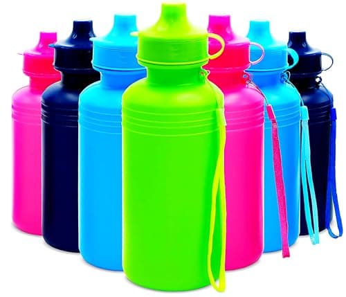 4E's Novelty Bulk Water Sports Bottles for Kids 18 oz - 12 Pack Squeeze Reusable Plastic, Neon Colors, BPA Free, Kids Water Bottles Party Favor Gift Giveaways, End of Year Student Gifts from Teacher