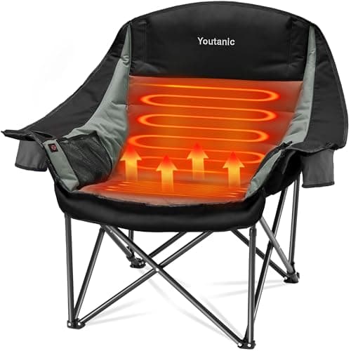 Youtanic Heated Camping Chair, 3 Heat Levels Oversized Padded Lawn Chair with Side Pockets and Cup Holder, Outdoor Heating Folding Camp Chair for Adults, Fishing, Sports, Picnic, up to 500lbs, Style 1