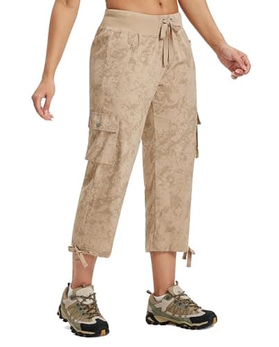 MoFiz Women's Cargo Capris Lightweight Hiking Pants Quick Dry Outdoor Athletic Travel Casual Shorts Dirty Khaki L