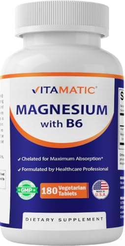 Vitamatic Magnesium with B6-180 Vegetarian Tablets (Uncoated) - Added B6 for Maximum Absorption - Supports Muscle, Joint, and Heart Health