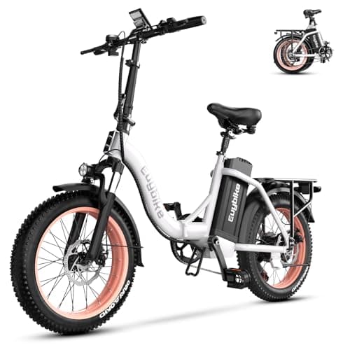 Folding Electric Bike for Adults with 1000W Peak Motor, 48V 20AH Battery up to 30MPH 80 Miles, 20" Fat Tire All Terrain Ebike, Front Suspension City Commuter Step-Thru E Bike Pink White, UL Certified
