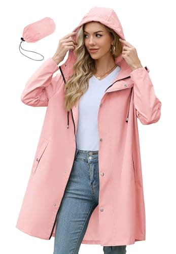Zando Womens Rain Jacket with Hood - Travel Rain Coats for Women Packable Rain Jacket Women Waterproof Long Raincoat Lightweight Windbreaker Trench Coat for Outdoor Commuting Gifts Pink M