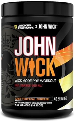 Jacked Factory X John Wick - Wick Mode Pre Workout Powder - Intense Energy, Battle-Ready Focus, Unstoppable Commitment, and Sheer Will - 40 Servings, Last Tropical Sunrise