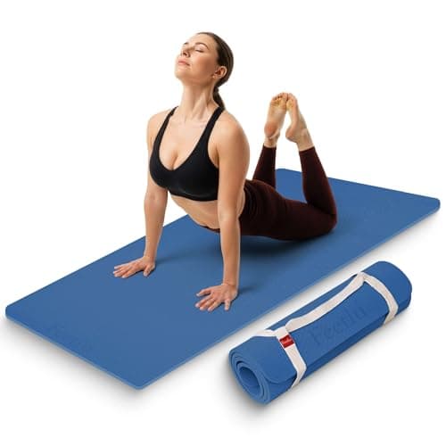 Feetlu Extra Thick 12mm Exercise Mat – 74"L x 26"W Inch, Non-Slip, Joint-Friendly & Cushioned Fitness Mat for Yoga, Pilates & Floor Workouts – Durable, Supportive & Includes Feetlu Classic Strap (Navy Blue & Gray)