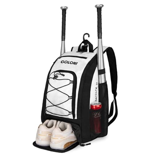 Goloni 40L Baseball Bag, Softball Bat Bag with Shoes Compartment,Fence Hook,Backpack for Baseball, T-Ball & Softball Equipment & Gear,White