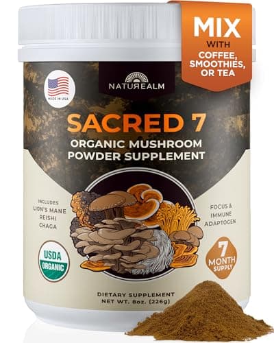 Naturealm Sacred 7 Organic Mushroom Powder Supplement | 7-Month Supply | 7-in-1 Blend with Lions Mane, Reishi, Chaga | Brain & Immune Support | 100% Fruiting Bodies for Coffee & Smoothies