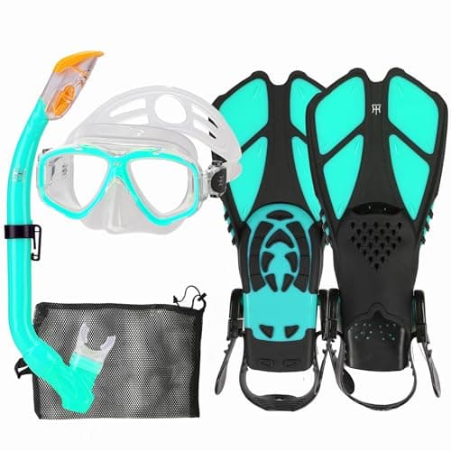 Kids Snorkeling Set with Fins Anti Leak Snorkeling Gear for Kids with Adjustable Flippers, Youth Junior Full Dry Snorkel Set Swimming Goggles with Nose Cover Diving Mask Scuba with Bag, 5-14 Yrs
