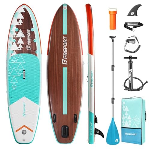 FBSPORT 11' Premium Stand Up Paddle Board, Yoga Board with SUP Accessories & Carry Bag | Wide Stance, Surf Control, Non-Slip Deck, Leash, Paddle and Pump for Youth & Adult (Brown Teal)