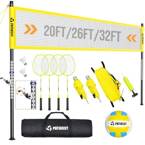 Volleyball Badminton Net Set Combo for Backyard Beach, 2-in-1 Adjustable Net with 4 Heights (5.1–8FT) & 3 Widths (20–32FT), 4 Aluminum Rackets, Goose Feather Shuttlecocks, Volleyball & Carrying Bag