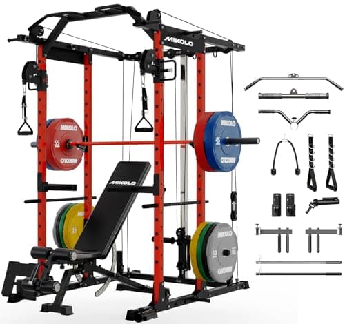 Mikolo K6 Power Cage, Power Rack with Cable Crossover System, Home Gym Packages with Weight Bench, Olympic Barbell, 370b Weight Set-Red