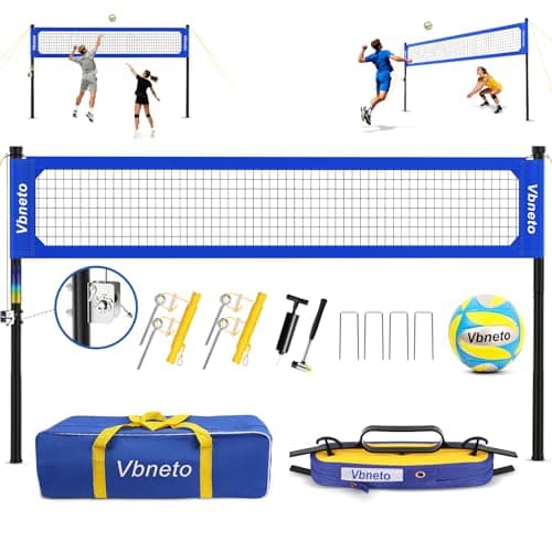 Vbneto Volleyball Net for Backyard, No Sagging Professional Heavy Duty Outdoor Portable Net Set with Poles, Adjustable Height, Includes Volleyball & Carry Bag, Ideal for Beach and Grass